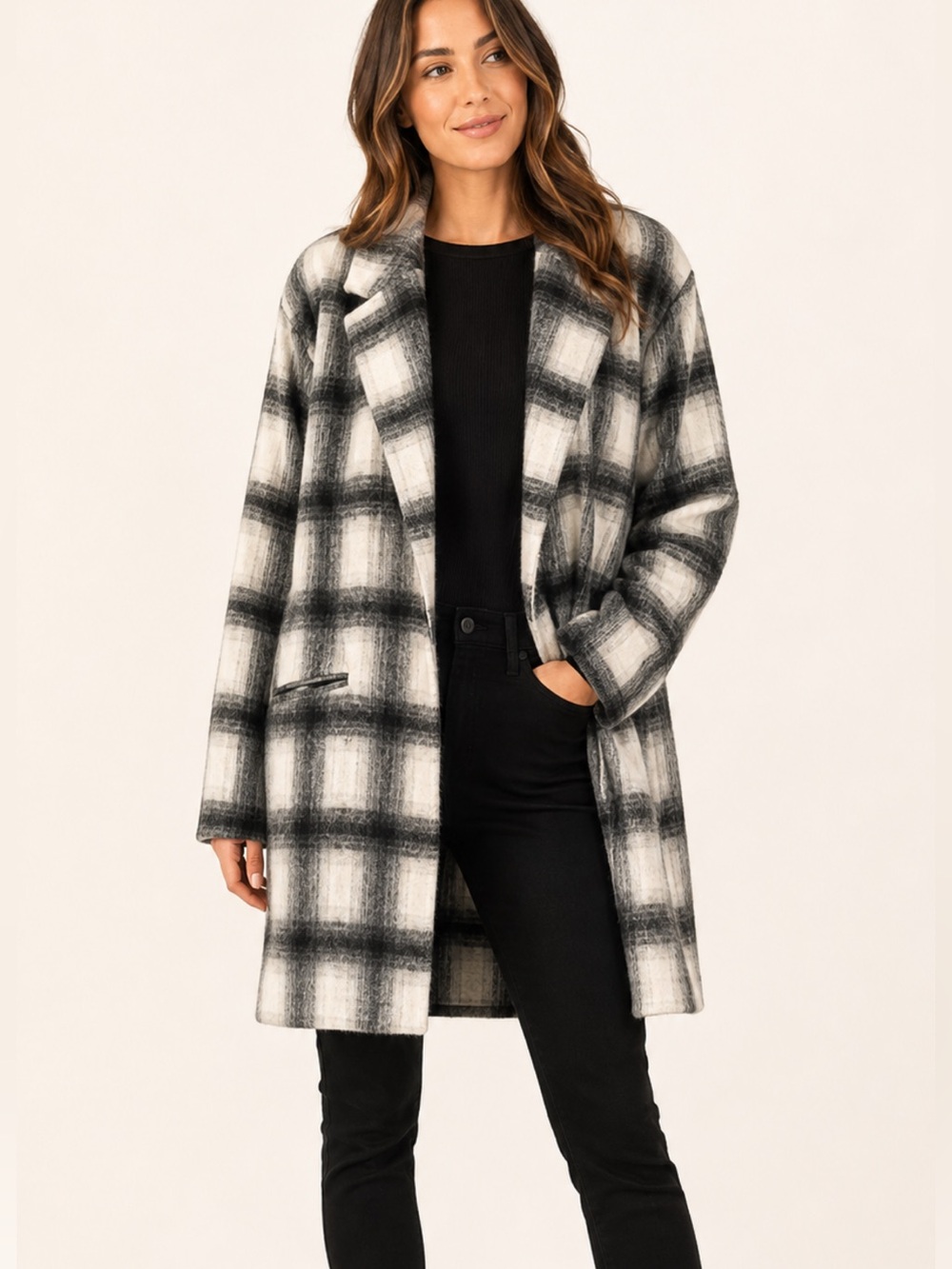 Boutique LA Checkered Black White Long Blazer Jacket Size Large Super Soft ! BTC